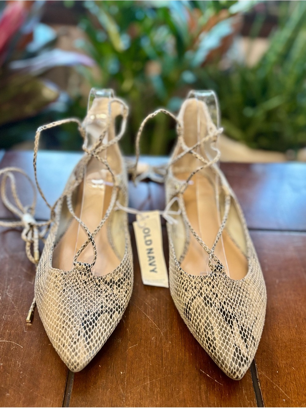 New with Tags!! Old Navy Beige Snake-Print Lace-Up Pointed Flats.